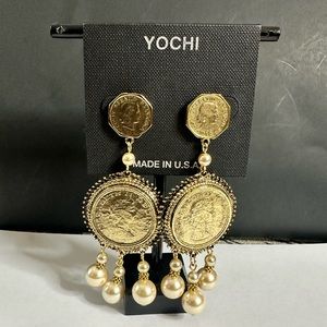 Gold Plated & Pearl vintage inspired Roman coin earrings, 4 inches in length